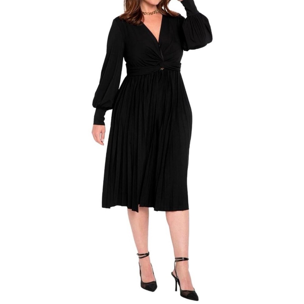 ELOQUII Knotted Front, Long-sleeve dress with pleated skirt Size 26